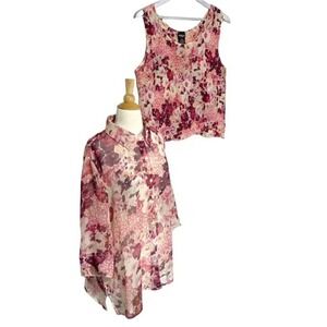 George Twin Set 2X Pink Floral Sheer Button Down Shirt & Smocked Tank Top